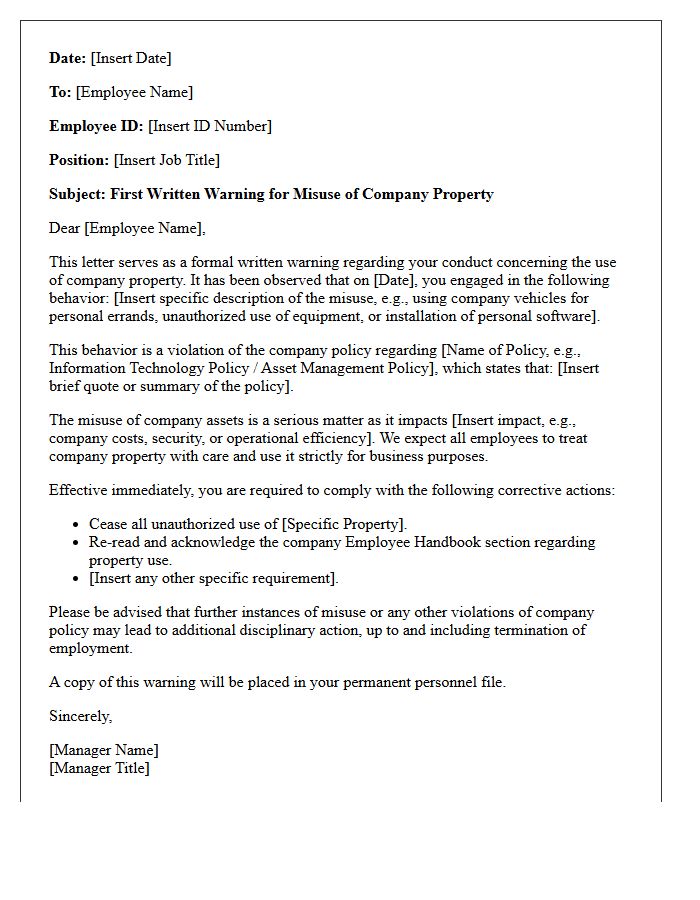 First Written Warning Letter for Misuse of Company Property