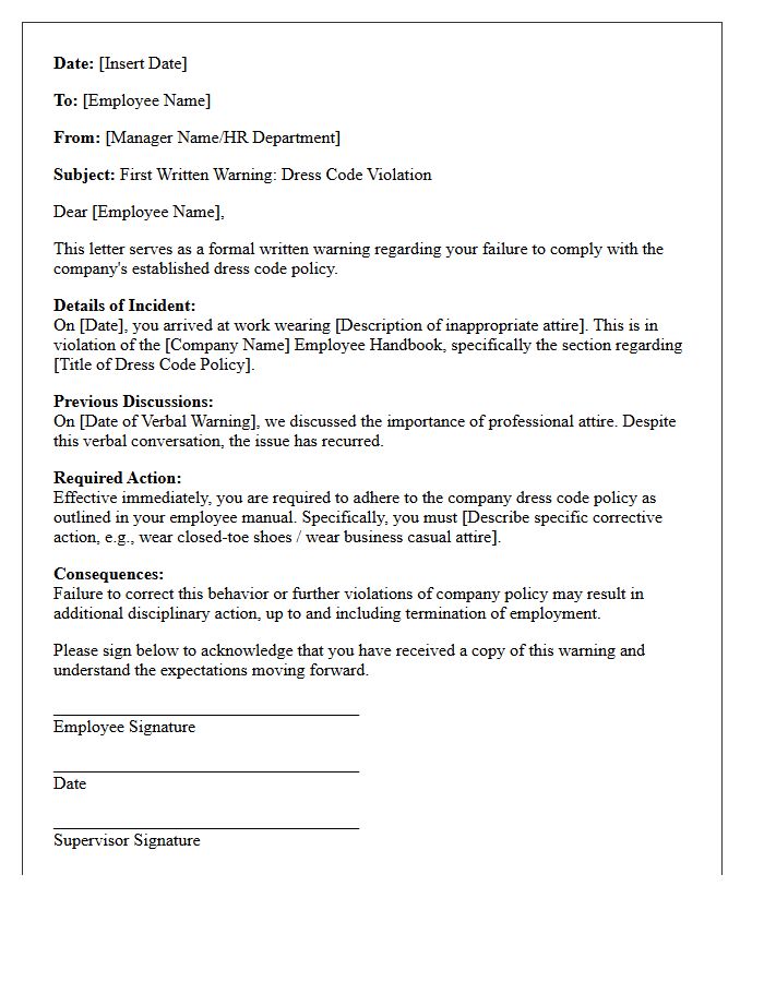 First Written Warning Letter for Dress Code Violation