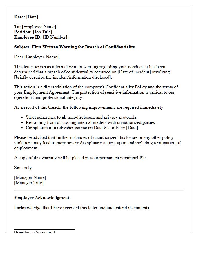 First Written Warning Letter for Breach of Confidentiality