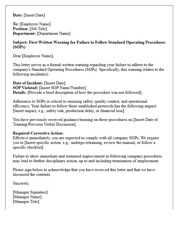 First Written Warning Letter for Failure to Follow Standard Operating Procedures