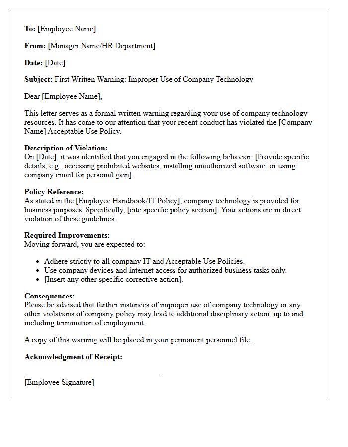 First Written Warning Letter for Improper Use of Company Technology