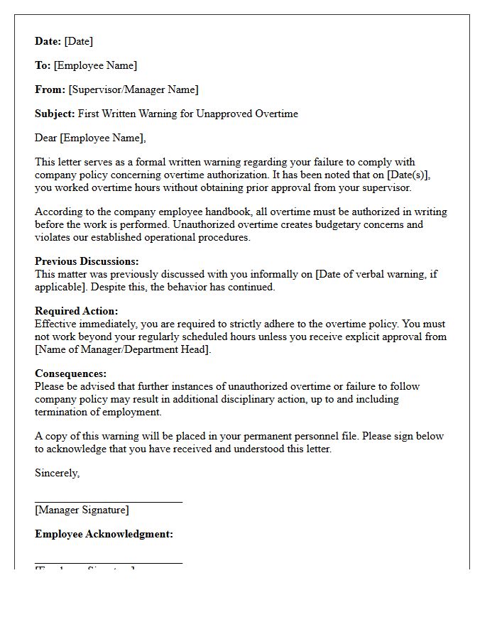 First Written Warning Letter for Unapproved Overtime