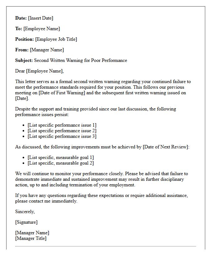 Second Written Warning Letter for Poor Performance