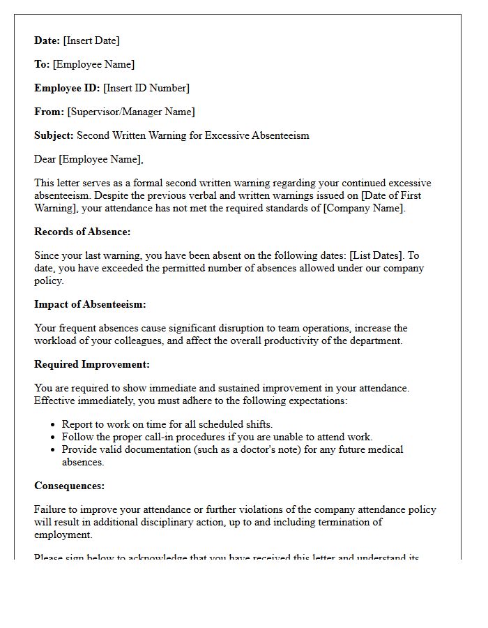 Second Written Warning Letter for Excessive Absenteeism