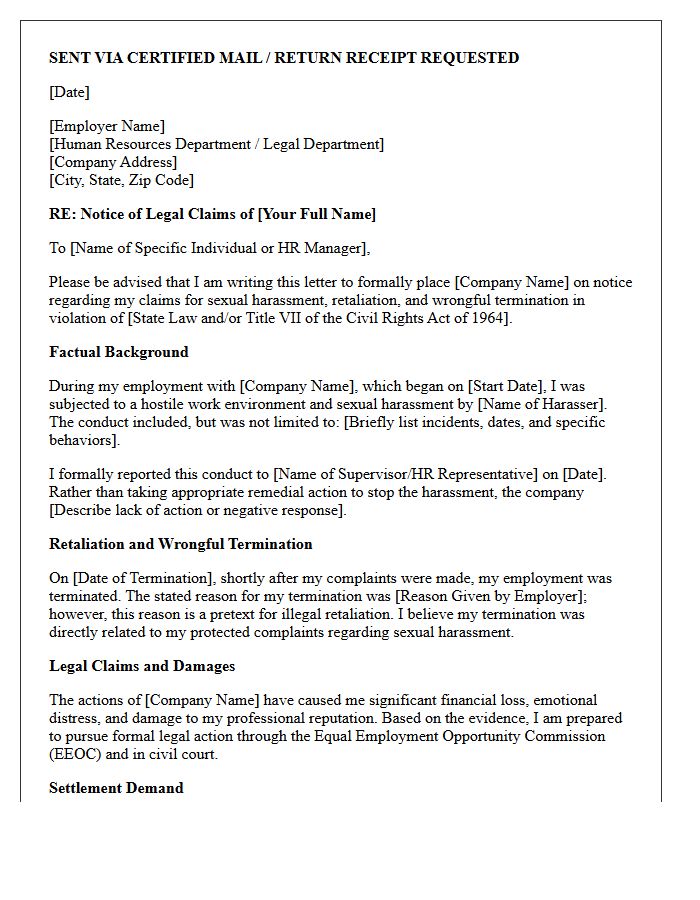 Sexual Harassment Wrongful Termination Demand Letter