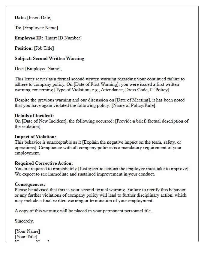 Second Written Warning Letter for Company Policy Violation