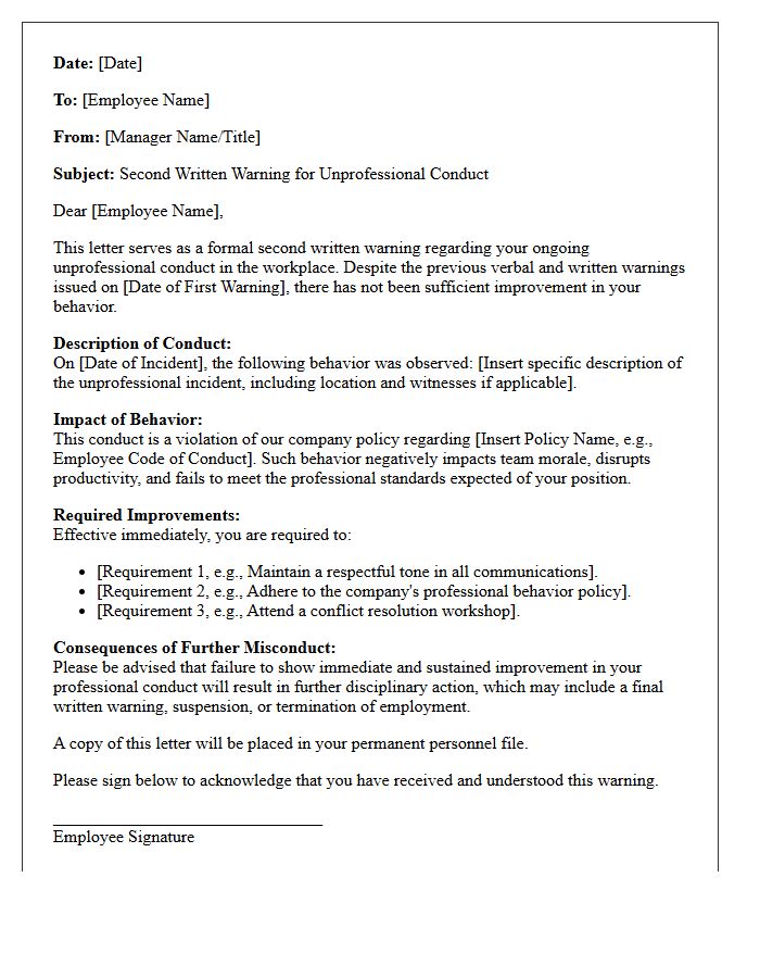 Second Written Warning Letter for Unprofessional Conduct