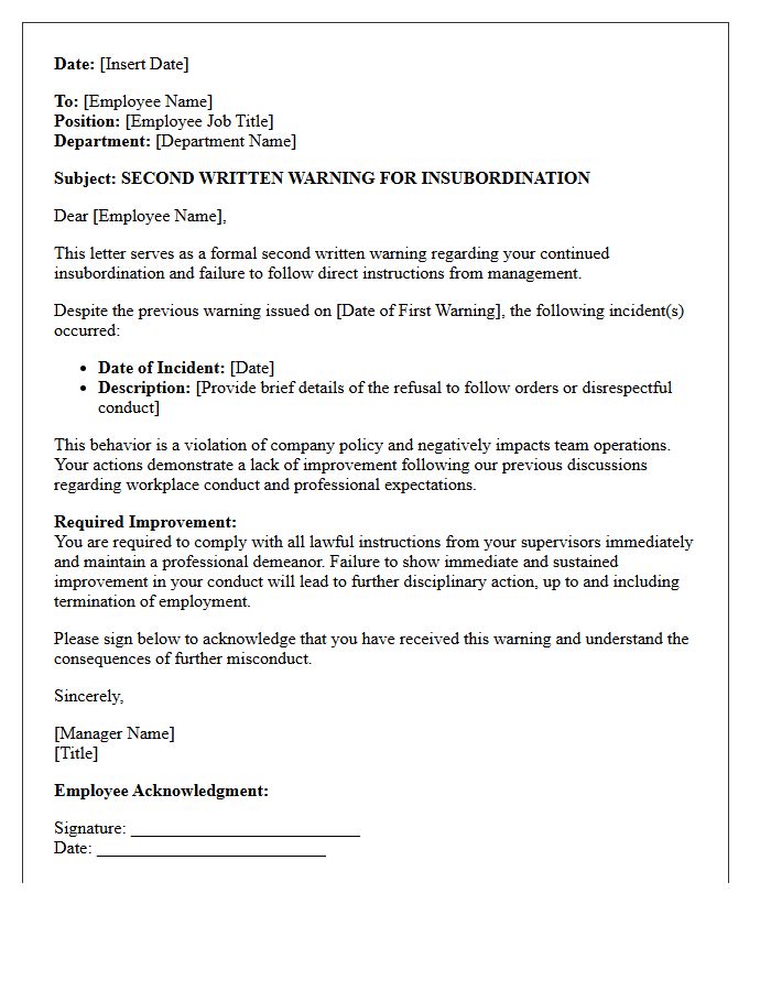 Second Written Warning Letter for Insubordination