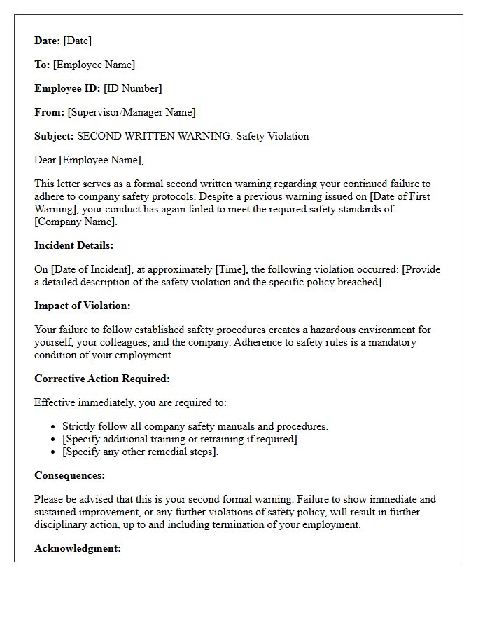 Second Written Warning Letter for Workplace Safety Violations