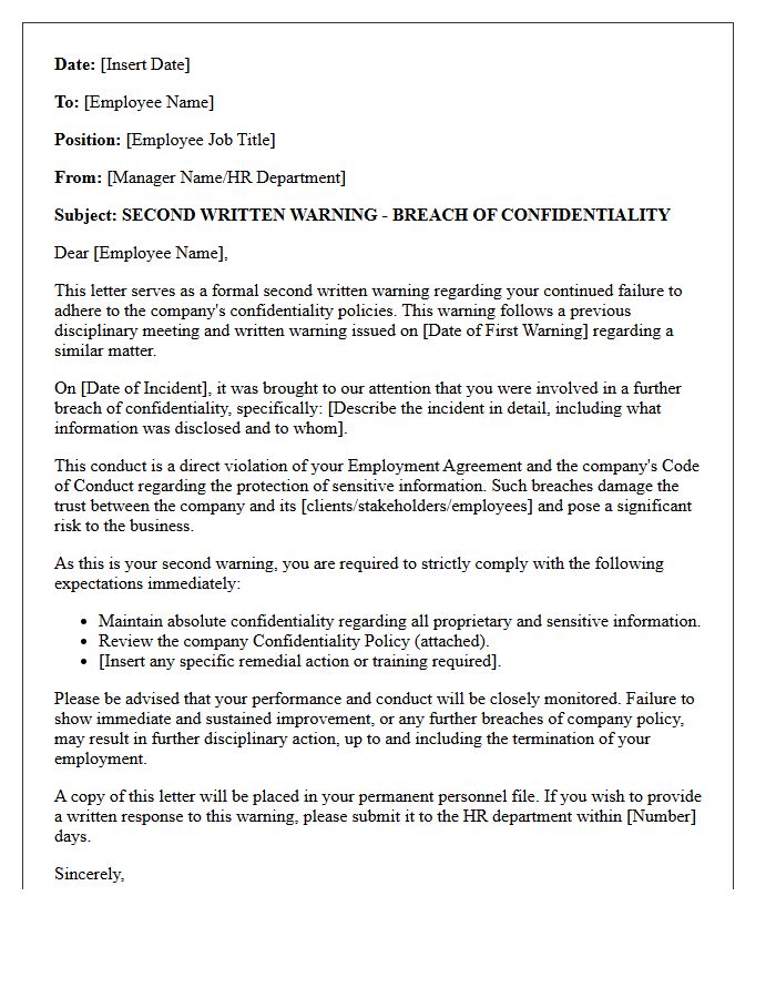 Second Written Warning Letter for Breach of Confidentiality