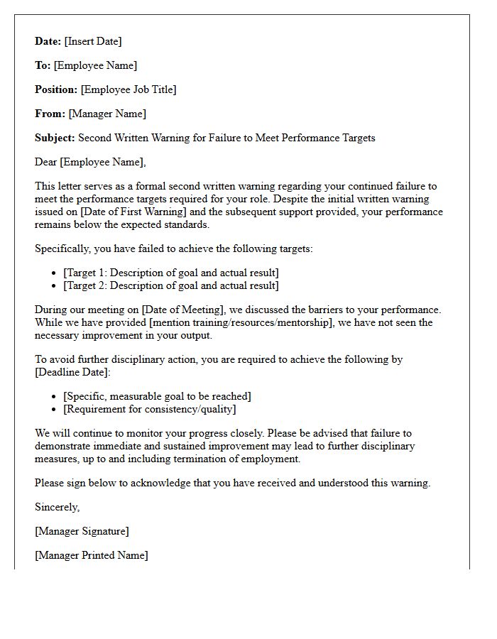 Second Written Warning Letter for Failure to Meet Targets
