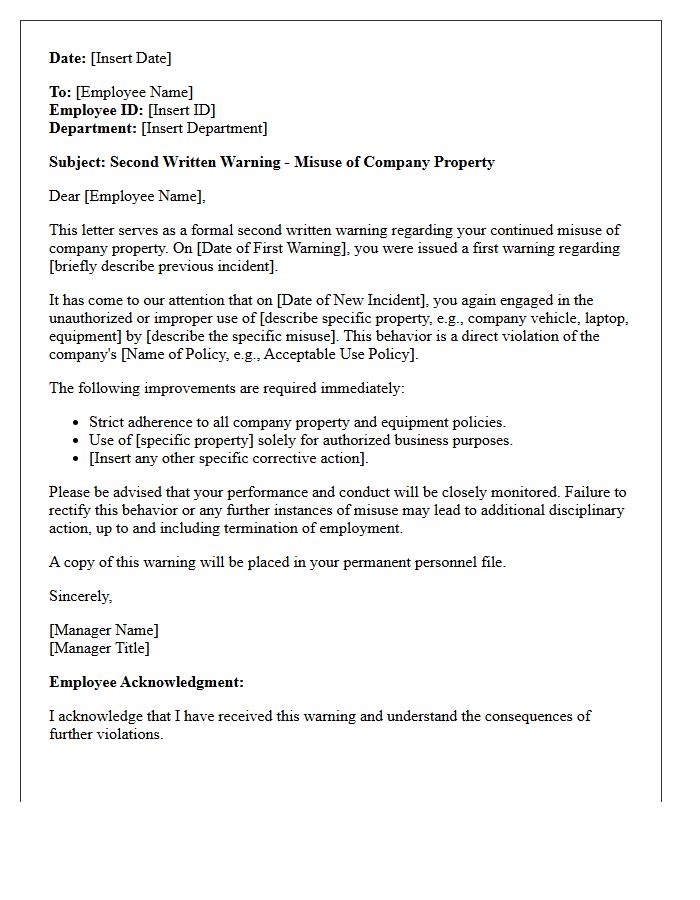Second Written Warning Letter for Misuse of Company Property