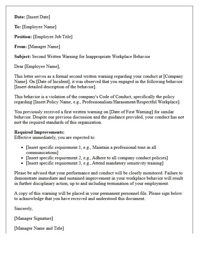 Second Written Warning Letter for Inappropriate Workplace Behavior