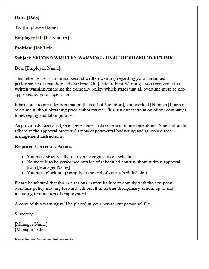 Second Written Warning Letter for Unauthorized Overtime