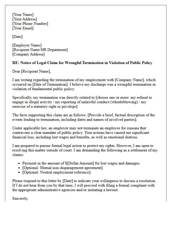 Violation Of Public Policy Wrongful Termination Demand Letter