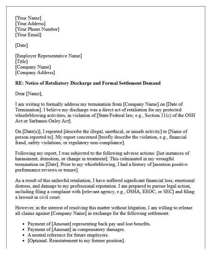 Whistleblower Retaliation Wrongful Termination Demand Letter