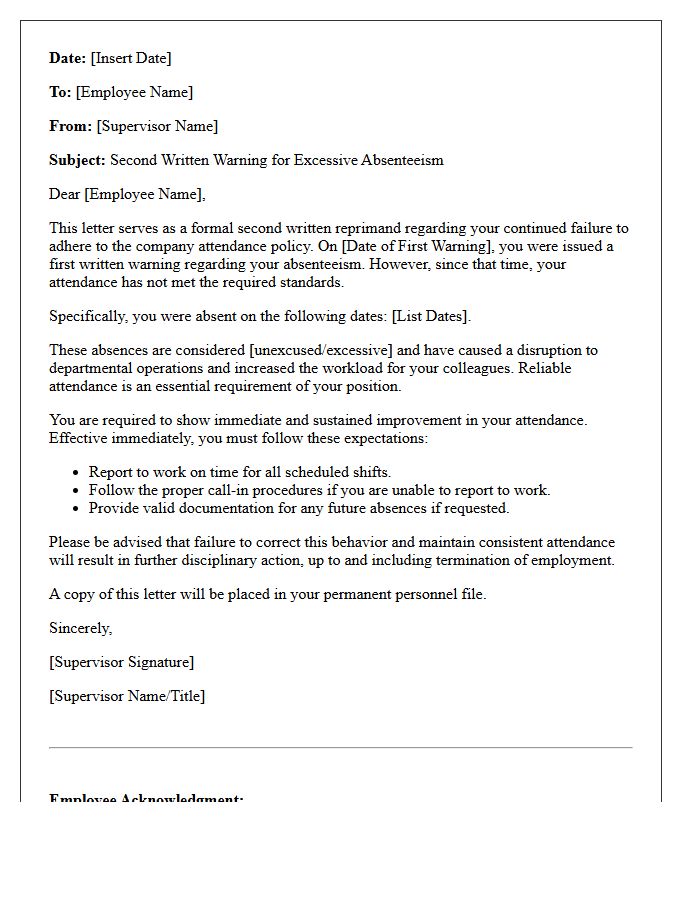Second Written Letter of Reprimand for Absenteeism