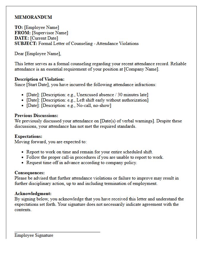 Formal Letter of Counseling for Attendance Violations