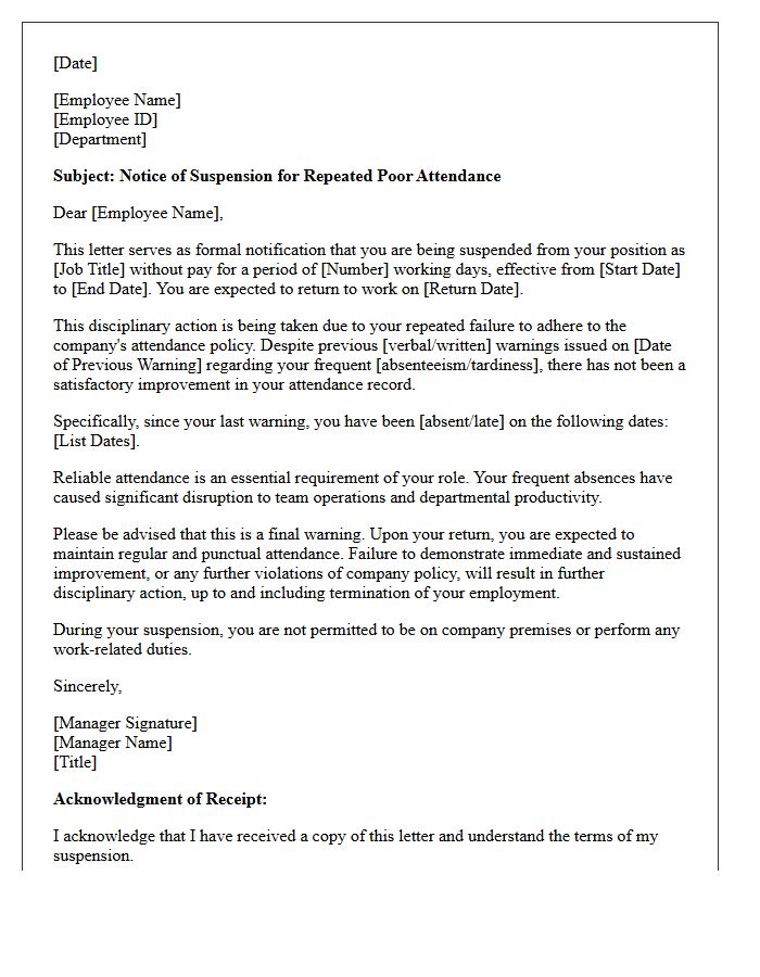 Letter of Suspension for Repeated Poor Attendance