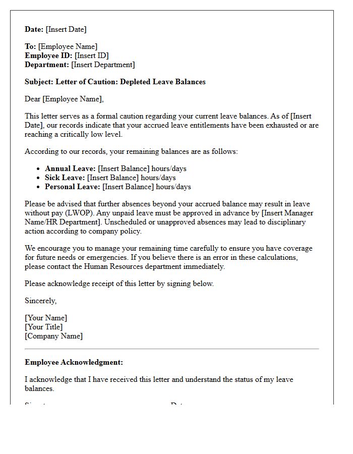 Letter of Caution for Depleted Leave Balances