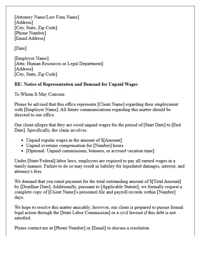 Letter of Representation for Unpaid Wage Claims