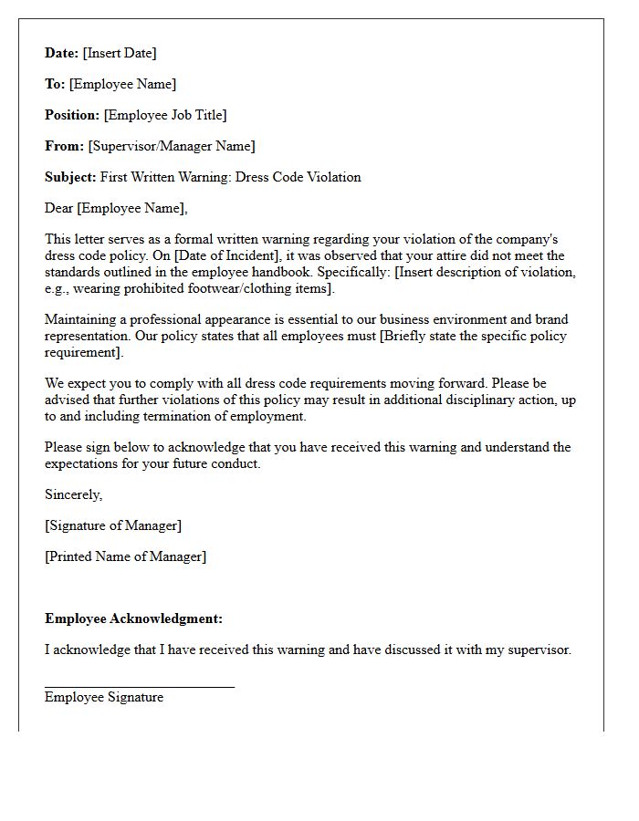 First Warning Letter for Dress Code Violation