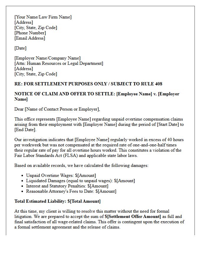 Pre-Litigation Settlement Offer Letter for Overtime Disputes