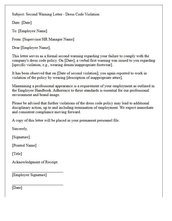 Second Warning Letter for Dress Code Violation