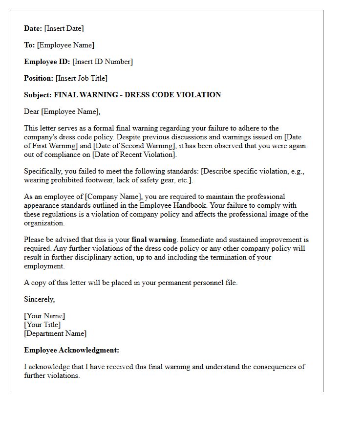 Final Warning Letter for Dress Code Violation