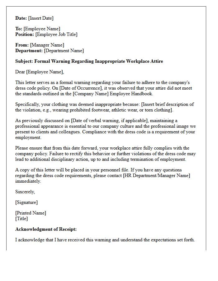 Formal Warning Letter for Inappropriate Workplace Attire