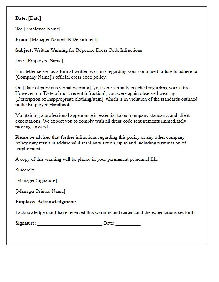 Written Warning Letter for Repeated Dress Code Infractions