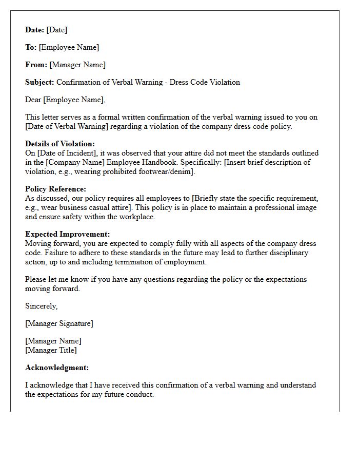 Verbal Warning Confirmation Letter for Dress Code Violation