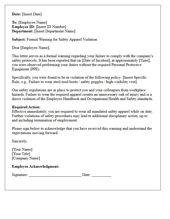 Human Resources Warning Letter for Safety Apparel Violation
