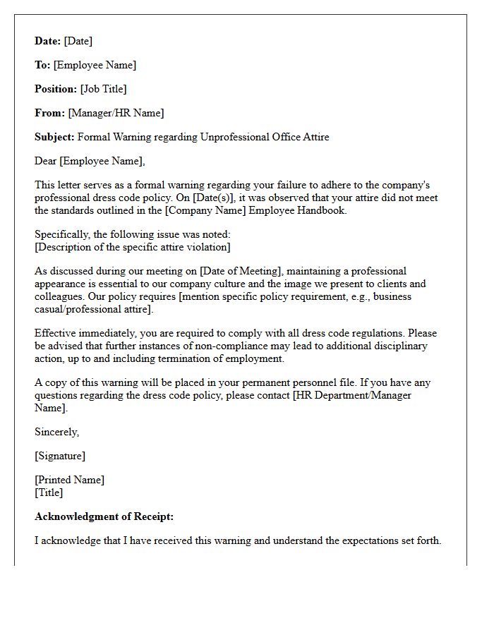 Disciplinary Warning Letter for Unprofessional Office Attire