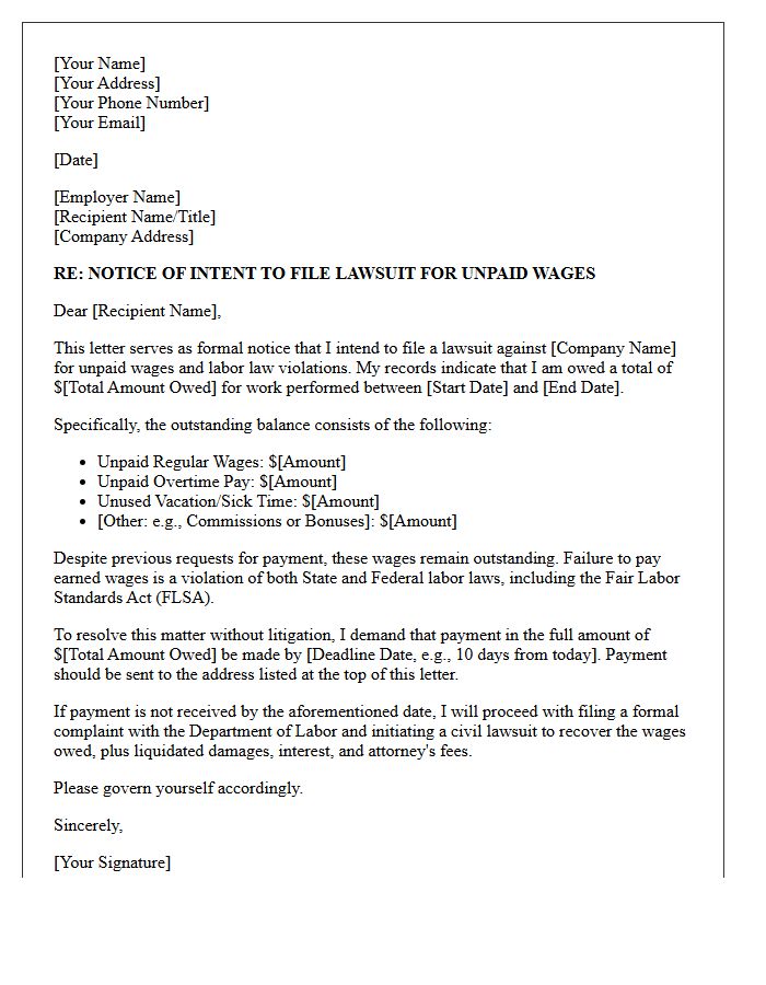 Notice of Intent to Sue Letter for Unpaid Wages