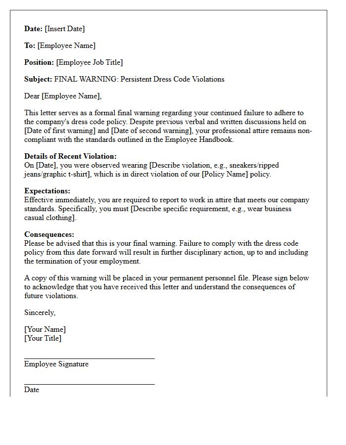 Termination Warning Letter for Persistent Dress Code Violations