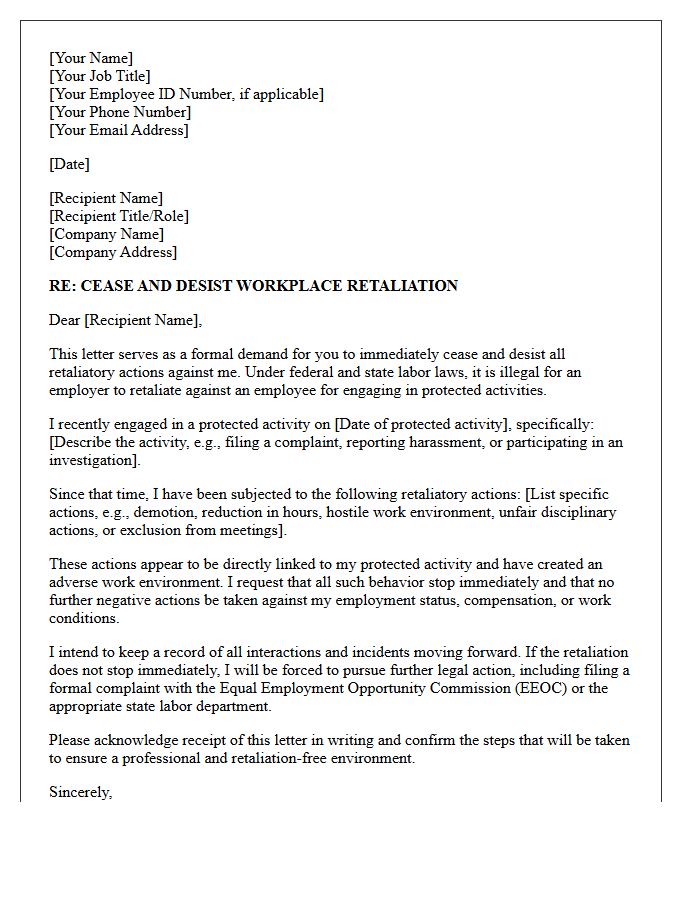 Cease and Desist Workplace Retaliation Letter