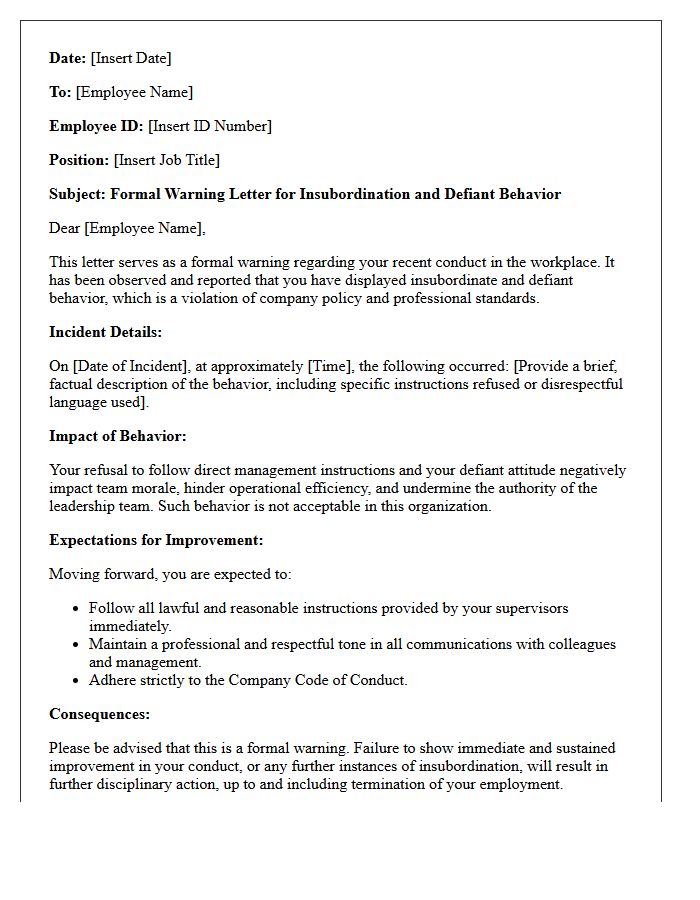 Warning Letter for Insubordination and Defiant Behavior
