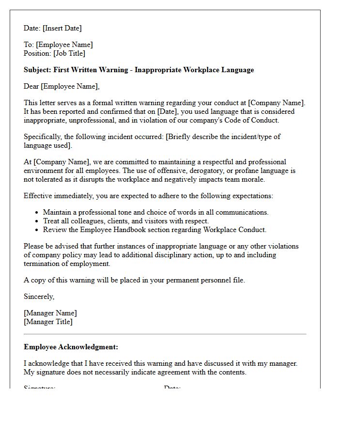 First Warning Letter for Inappropriate Workplace Language