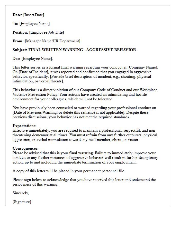 Final Warning Letter for Aggressive Employee Behavior