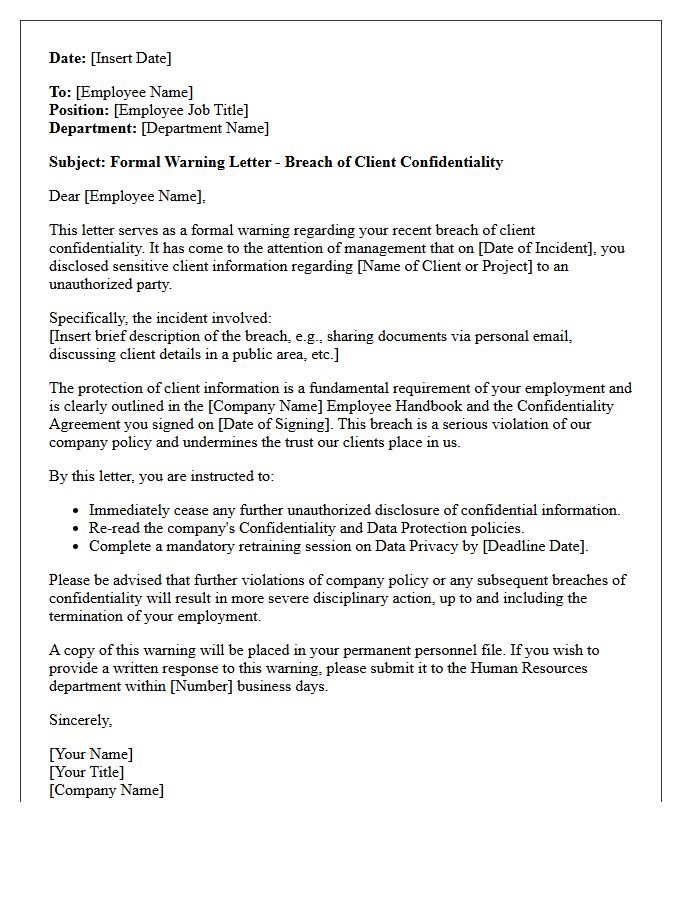 Warning Letter for Breach of Client Confidentiality