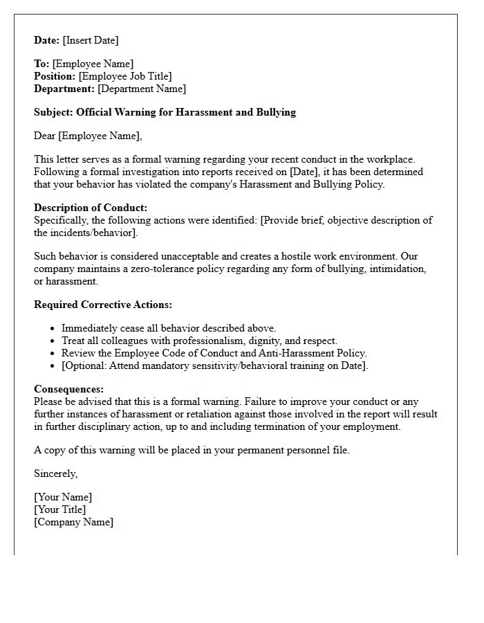 Official Warning Letter for Harassment and Bullying