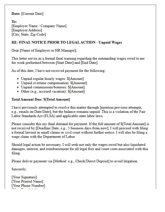 Final Warning Before Wage Lawsuit Filing Letter
