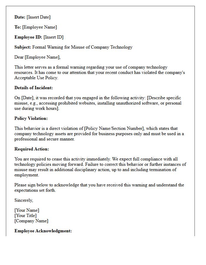 Warning Letter for Misuse of Company Technology
