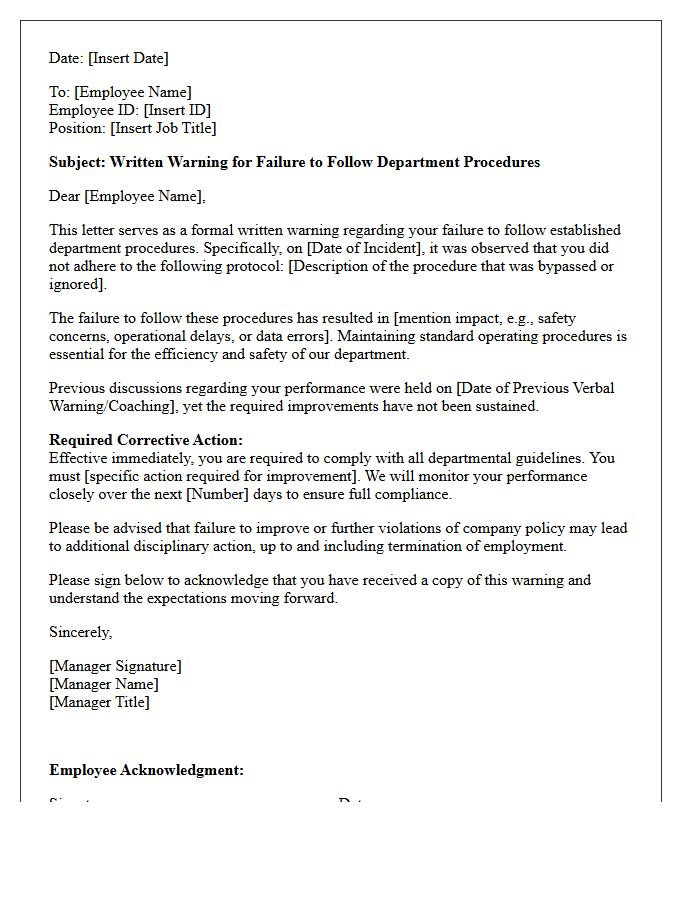 Written Warning Letter for Failure to Follow Department Procedures