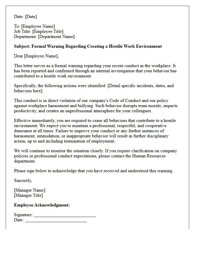 Warning Letter for Creating a Hostile Work Environment
