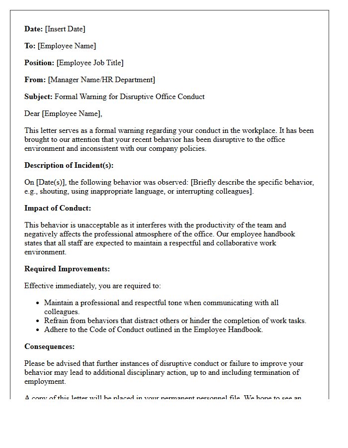 Warning Letter for Disruptive Office Conduct