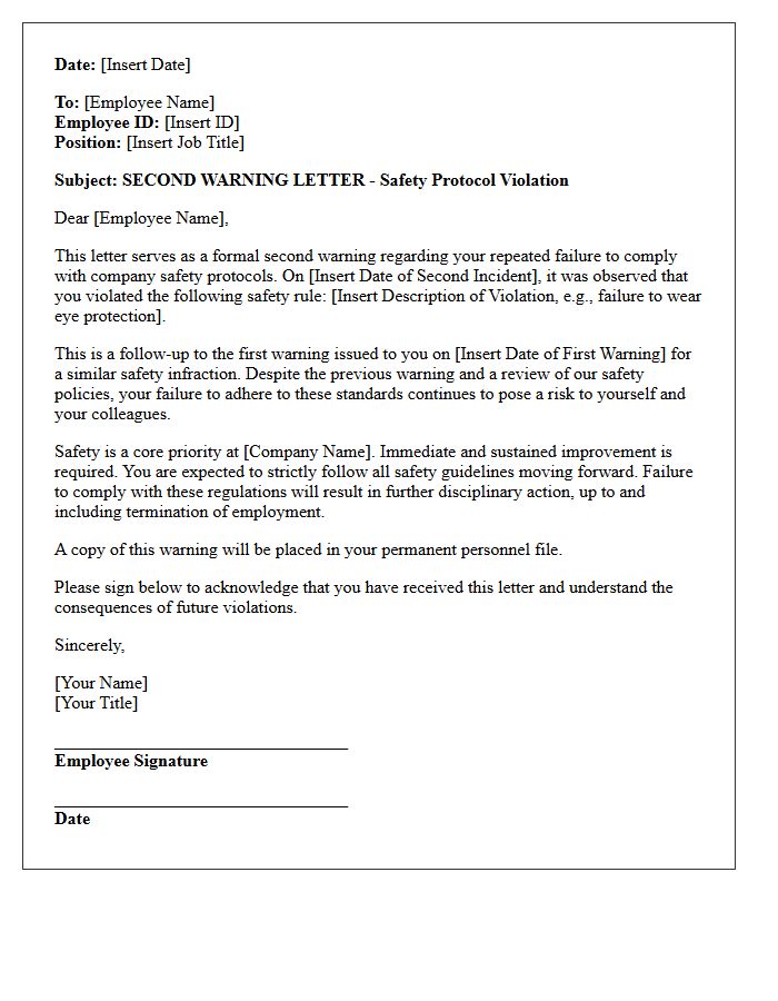 Second Warning Letter for Repeated Safety Protocol Violation