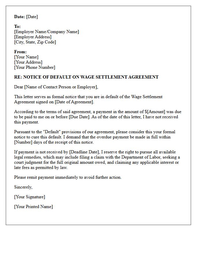 Notice of Default on Wage Settlement Letter