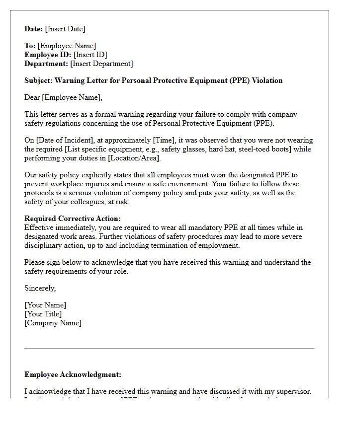 Warning Letter for Personal Protective Equipment Violation